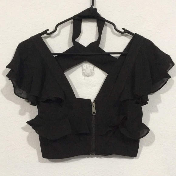 Nasty Gal Black Cropped Flutter Sleeve Top - Picture 5 of 6